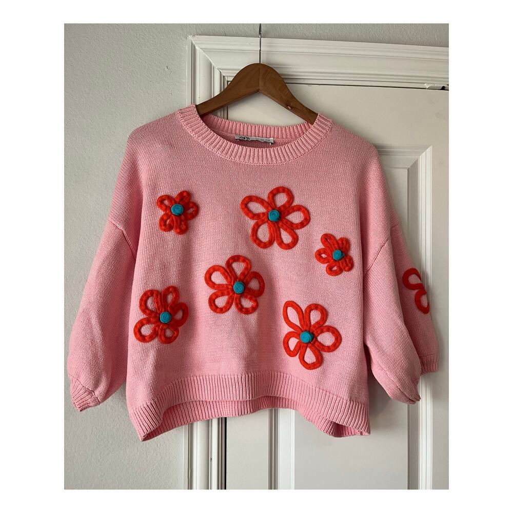 Zara Womens Large Pink Sweater w/ Embroidered Orange Flowers 100% Cotton Spring